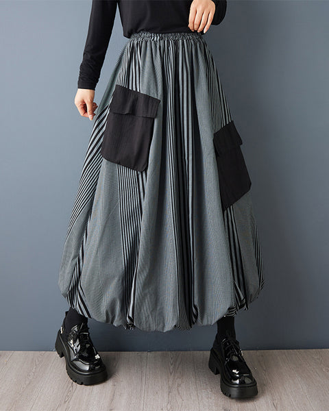 ellazhu Women's Striped Bubble Skirt Elastic Waist Maxi Skirt with Large Patch Pockets Contrast panels Loose Fit GZ800