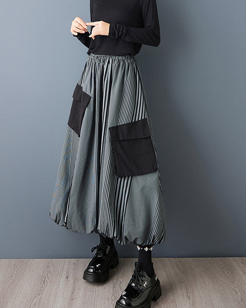 ellazhu Women's Striped Bubble Skirt Elastic Waist Maxi Skirt with Large Patch Pockets Contrast panels Loose Fit GZ800