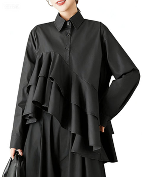 ellazhu Women's Oversized Asymmetrical Ruffle Trim Button Down Shirt Lapel Neck Blouse Loose Fit Long Sleeve Solid color GZ801