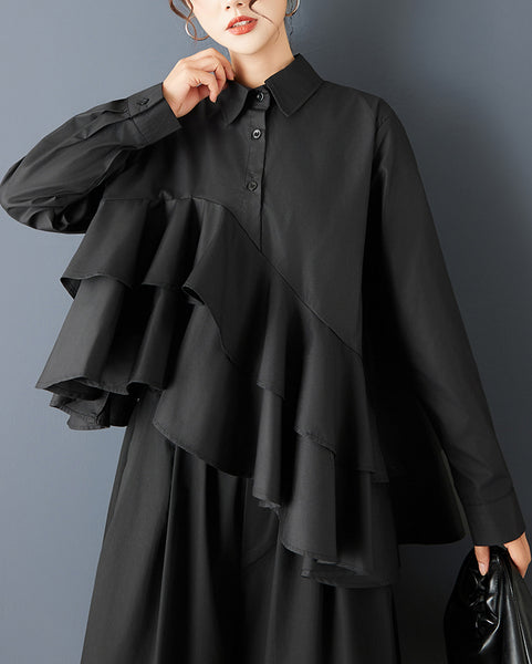ellazhu Women's Oversized Asymmetrical Ruffle Trim Button Down Shirt Lapel Neck Blouse Loose Fit Long Sleeve Solid color GZ801