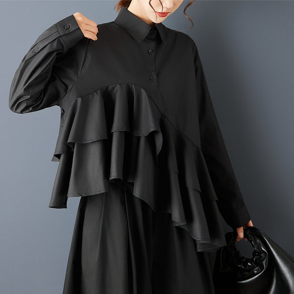 ellazhu Women's Oversized Asymmetrical Ruffle Trim Button Down Shirt Lapel Neck Blouse Loose Fit Long Sleeve Solid color GZ801
