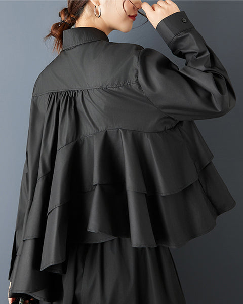 ellazhu Women's Oversized Asymmetrical Ruffle Trim Button Down Shirt Lapel Neck Blouse Loose Fit Long Sleeve Solid color GZ801