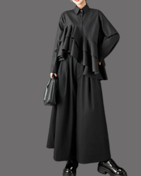 ellazhu Women's Oversized Asymmetrical Ruffle Trim Button Down Shirt Lapel Neck Blouse Loose Fit Long Sleeve Solid color GZ801