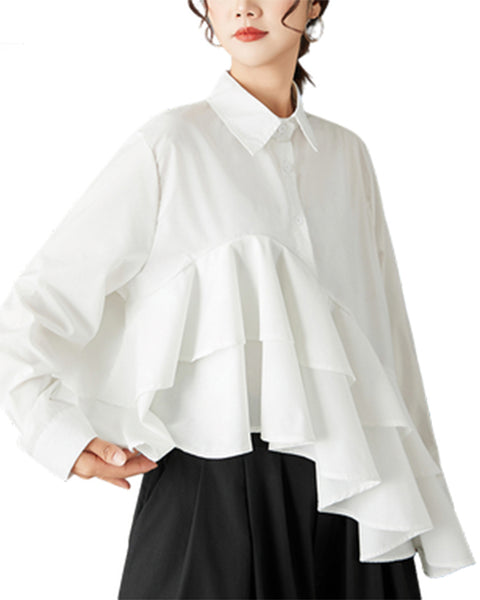 ellazhu Women's Oversized Asymmetrical Ruffle Trim Button Down Shirt Lapel Neck Blouse Loose Fit Long Sleeve Solid color GZ801