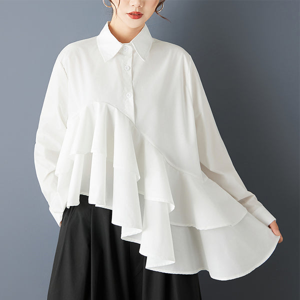 ellazhu Women's Oversized Asymmetrical Ruffle Trim Button Down Shirt Lapel Neck Blouse Loose Fit Long Sleeve Solid color GZ801