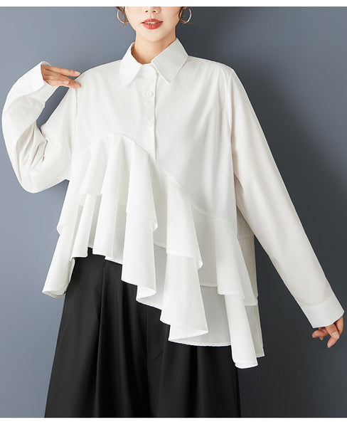 ellazhu Women's Oversized Asymmetrical Ruffle Trim Button Down Shirt Lapel Neck Blouse Loose Fit Long Sleeve Solid color GZ801