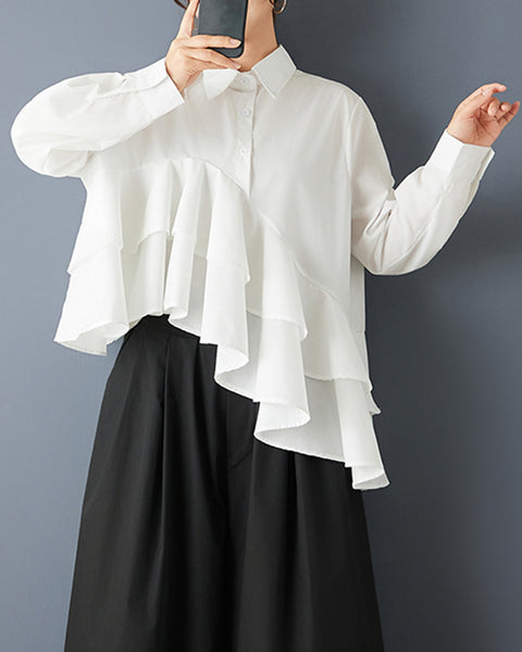 ellazhu Women's Oversized Asymmetrical Ruffle Trim Button Down Shirt Lapel Neck Blouse Loose Fit Long Sleeve Solid color GZ801