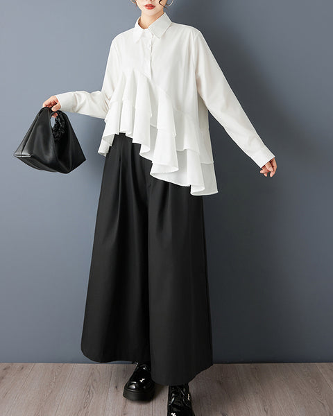 ellazhu Women's Oversized Asymmetrical Ruffle Trim Button Down Shirt Lapel Neck Blouse Loose Fit Long Sleeve Solid color GZ801