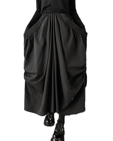 ellazhu Women's Ruched Bubble Maxi Skirt Elastic Waist with Side Pocket Design Loose Fit Casual Streetwear GZ802