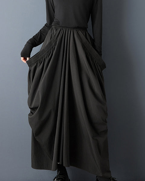 ellazhu Women's Ruched Bubble Maxi Skirt Elastic Waist with Side Pocket Design Loose Fit Casual Streetwear GZ802