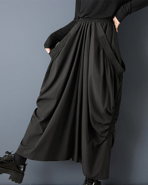 ellazhu Women's Ruched Bubble Maxi Skirt Elastic Waist with Side Pocket Design Loose Fit Casual Streetwear GZ802