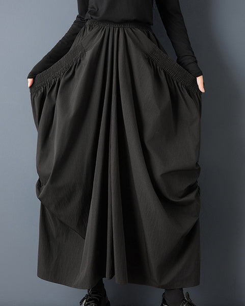 ellazhu Women's Ruched Bubble Maxi Skirt Elastic Waist with Side Pocket Design Loose Fit Casual Streetwear GZ802