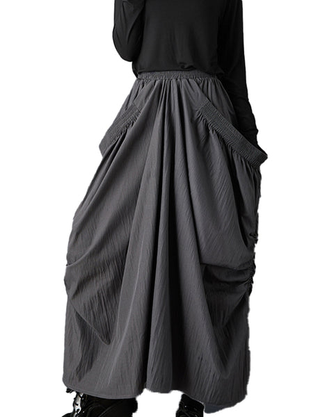ellazhu Women's Ruched Bubble Maxi Skirt Elastic Waist with Side Pocket Design Loose Fit Casual Streetwear GZ802