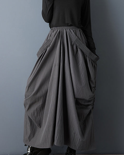 ellazhu Women's Ruched Bubble Maxi Skirt Elastic Waist with Side Pocket Design Loose Fit Casual Streetwear GZ802