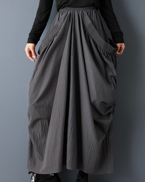 ellazhu Women's Ruched Bubble Maxi Skirt Elastic Waist with Side Pocket Design Loose Fit Casual Streetwear GZ802
