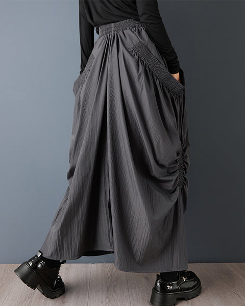 ellazhu Women's Ruched Bubble Maxi Skirt Elastic Waist with Side Pocket Design Loose Fit Casual Streetwear GZ802