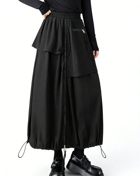 ellazhu Women's asymmetrical ruffle skirt elastic waist maxi skirt zipper detail skirt drawstring hem skirt loose fit casual streetwear GZ803