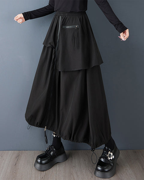 ellazhu Women's asymmetrical ruffle skirt elastic waist maxi skirt zipper detail skirt drawstring hem skirt loose fit casual streetwear GZ803