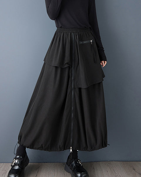 ellazhu Women's asymmetrical ruffle skirt elastic waist maxi skirt zipper detail skirt drawstring hem skirt loose fit casual streetwear GZ803