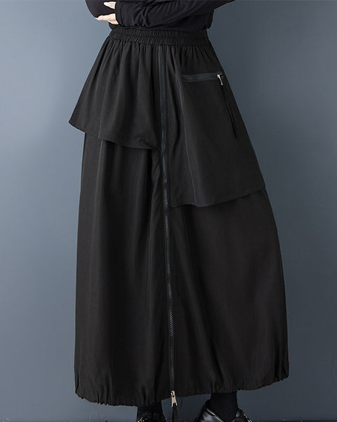 ellazhu Women's asymmetrical ruffle skirt elastic waist maxi skirt zipper detail skirt drawstring hem skirt loose fit casual streetwear GZ803