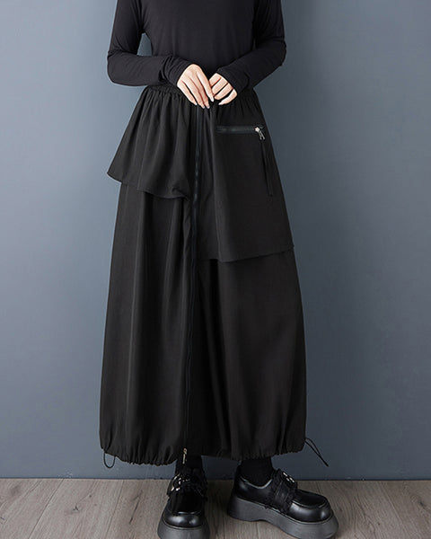 ellazhu Women's asymmetrical ruffle skirt elastic waist maxi skirt zipper detail skirt drawstring hem skirt loose fit casual streetwear GZ803