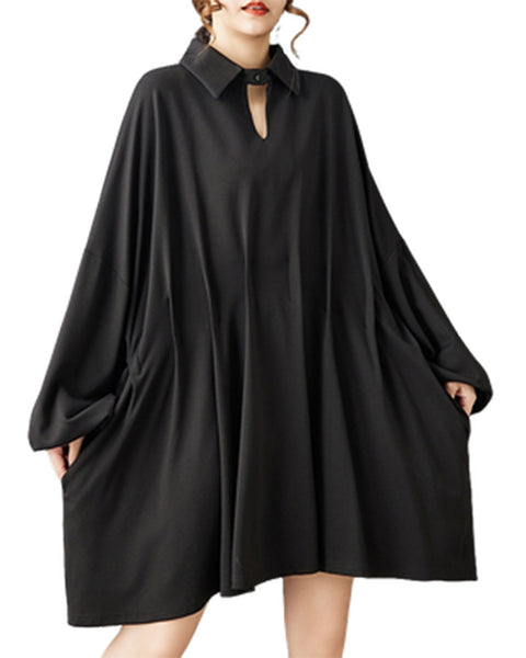 ellazhu Women's Black Midi Shirt Dress Hollow Out V-Neck Pleated Dolman Sleeves Asymmetrical Hem lapel neck Loose Fit GZ805