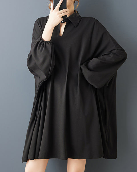 ellazhu Women's Black Midi Shirt Dress Hollow Out V-Neck Pleated Dolman Sleeves Asymmetrical Hem lapel neck Loose Fit GZ805