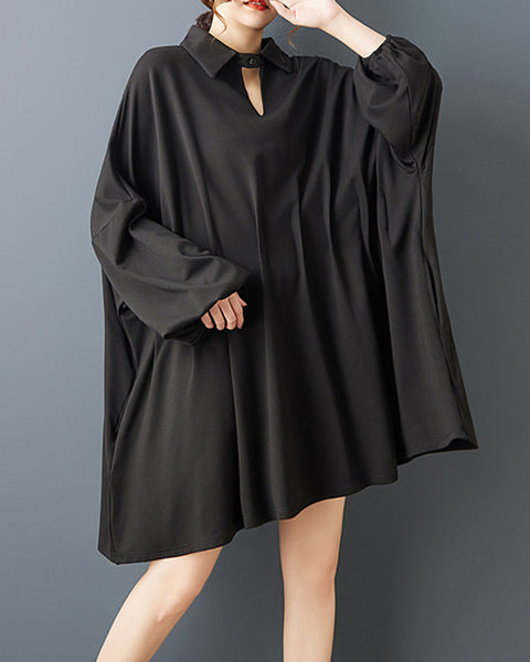 ellazhu Women's Black Midi Shirt Dress Hollow Out V-Neck Pleated Dolman Sleeves Asymmetrical Hem lapel neck Loose Fit GZ805