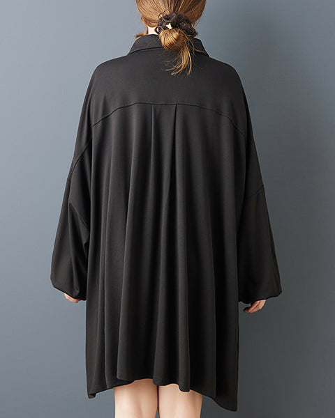 ellazhu Women's Black Midi Shirt Dress Hollow Out V-Neck Pleated Dolman Sleeves Asymmetrical Hem lapel neck Loose Fit GZ805