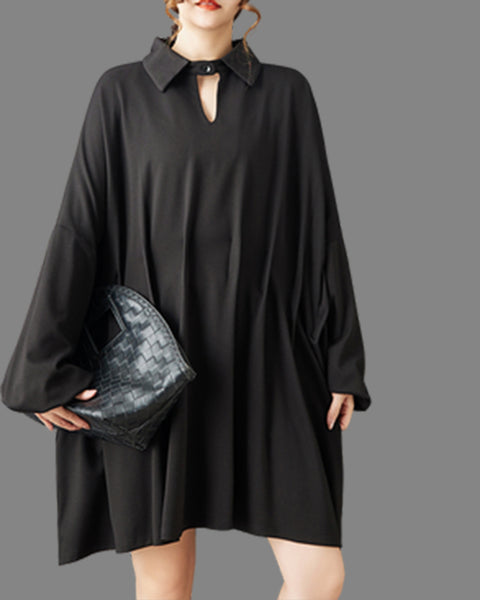 ellazhu Women's Black Midi Shirt Dress Hollow Out V-Neck Pleated Dolman Sleeves Asymmetrical Hem lapel neck Loose Fit GZ805