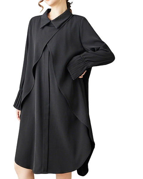ellazhu Women's Plus Size Black Asymmetrical Cross Wrap Midi Shirt Dress Long Sleeve Lapel Neck Casual Loose Fit GZ806