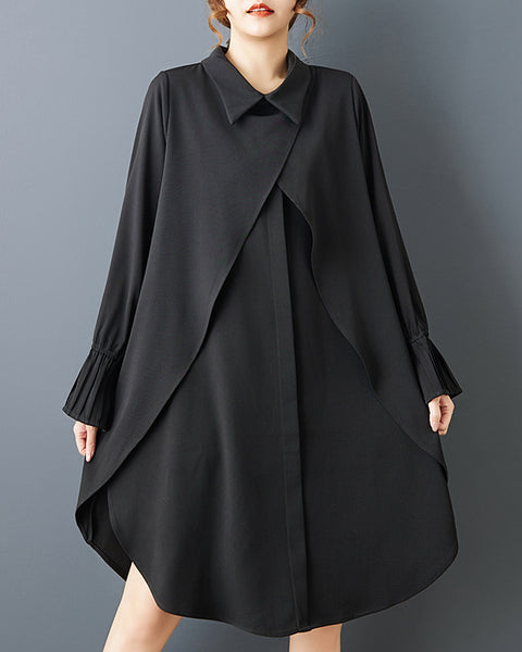 ellazhu Women's Plus Size Black Asymmetrical Cross Wrap Midi Shirt Dress Long Sleeve Lapel Neck Casual Loose Fit GZ806