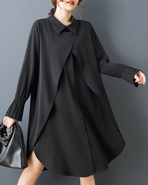 ellazhu Women's Plus Size Black Asymmetrical Cross Wrap Midi Shirt Dress Long Sleeve Lapel Neck Casual Loose Fit GZ806