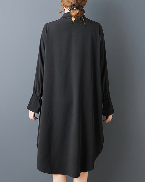 ellazhu Women's Plus Size Black Asymmetrical Cross Wrap Midi Shirt Dress Long Sleeve Lapel Neck Casual Loose Fit GZ806