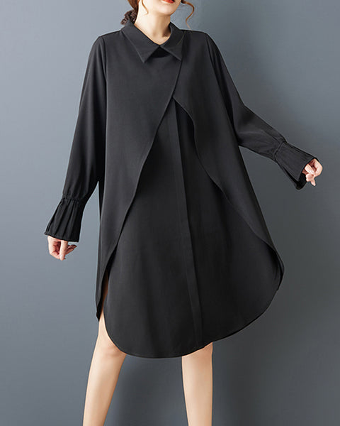 ellazhu Women's Plus Size Black Asymmetrical Cross Wrap Midi Shirt Dress Long Sleeve Lapel Neck Casual Loose Fit GZ806