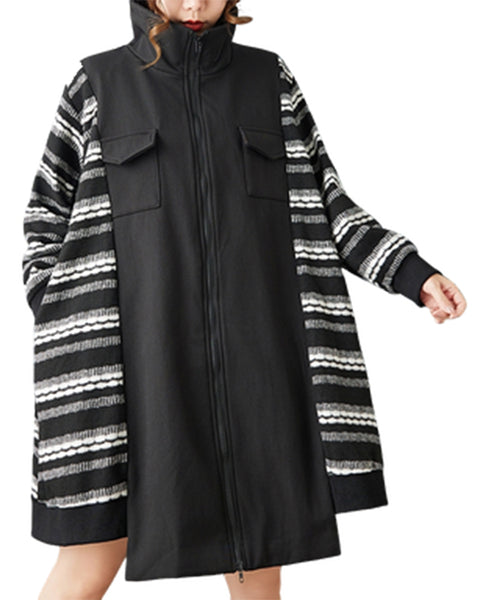 ellazhu Women's Oversized Midi Coat Lapel Neck Zip Up Striped Sleeve Patchwork Coat with Pockets Long Sleeve GZ807