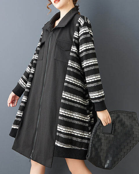 ellazhu Women's Oversized Midi Coat Lapel Neck Zip Up Striped Sleeve Patchwork Coat with Pockets Long Sleeve GZ807