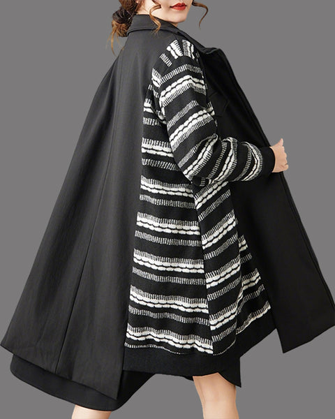 ellazhu Women's Oversized Midi Coat Lapel Neck Zip Up Striped Sleeve Patchwork Coat with Pockets Long Sleeve GZ807