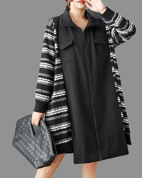 ellazhu Women's Oversized Midi Coat Lapel Neck Zip Up Striped Sleeve Patchwork Coat with Pockets Long Sleeve GZ807