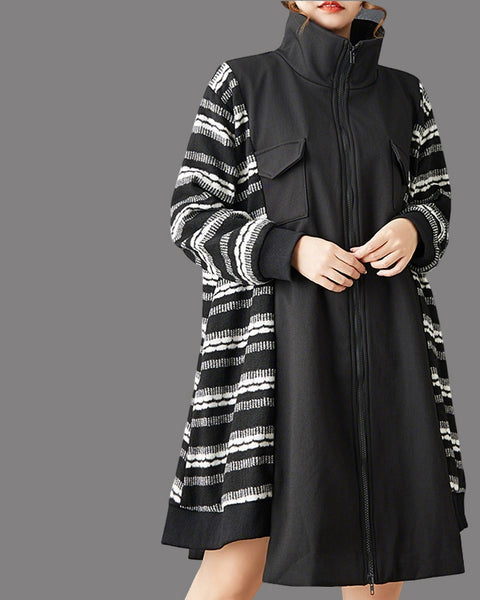 ellazhu Women's Oversized Midi Coat Lapel Neck Zip Up Striped Sleeve Patchwork Coat with Pockets Long Sleeve GZ807