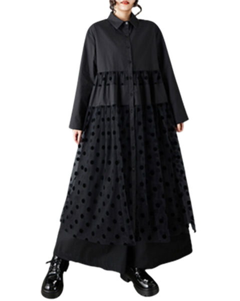 ellazhu Women's Oversized Maxi Shirt Dress Lapel Neck Button Down with Polka Dot Tulle Overlay Sheer Tiered Long Sleeve Casual GZ808