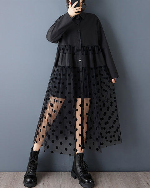 ellazhu Women's Oversized Maxi Shirt Dress Lapel Neck Button Down with Polka Dot Tulle Overlay Sheer Tiered Long Sleeve Casual GZ808