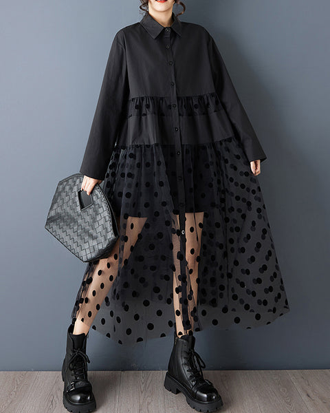 ellazhu Women's Oversized Maxi Shirt Dress Lapel Neck Button Down with Polka Dot Tulle Overlay Sheer Tiered Long Sleeve Casual GZ808