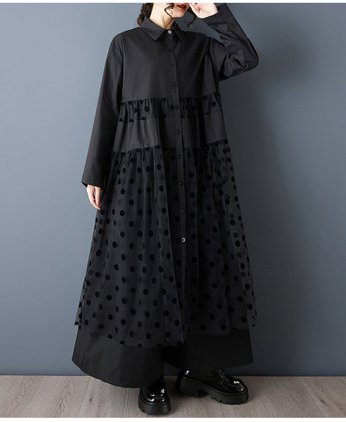 ellazhu Women's Oversized Maxi Shirt Dress Lapel Neck Button Down with Polka Dot Tulle Overlay Sheer Tiered Long Sleeve Casual GZ808