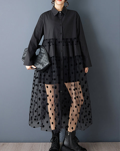 ellazhu Women's Oversized Maxi Shirt Dress Lapel Neck Button Down with Polka Dot Tulle Overlay Sheer Tiered Long Sleeve Casual GZ808