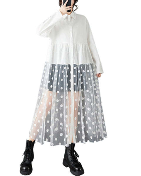 ellazhu Women's Oversized Maxi Shirt Dress Lapel Neck Button Down with Polka Dot Tulle Overlay Sheer Tiered Long Sleeve Casual GZ808