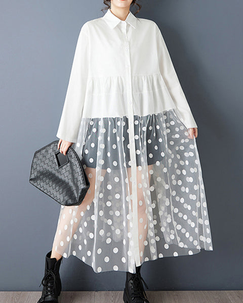 ellazhu Women's Oversized Maxi Shirt Dress Lapel Neck Button Down with Polka Dot Tulle Overlay Sheer Tiered Long Sleeve Casual GZ808