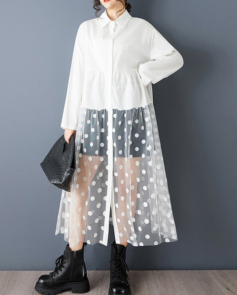 ellazhu Women's Oversized Maxi Shirt Dress Lapel Neck Button Down with Polka Dot Tulle Overlay Sheer Tiered Long Sleeve Casual GZ808
