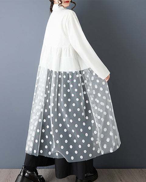 ellazhu Women's Oversized Maxi Shirt Dress Lapel Neck Button Down with Polka Dot Tulle Overlay Sheer Tiered Long Sleeve Casual GZ808