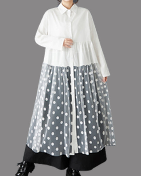 ellazhu Women's Oversized Maxi Shirt Dress Lapel Neck Button Down with Polka Dot Tulle Overlay Sheer Tiered Long Sleeve Casual GZ808